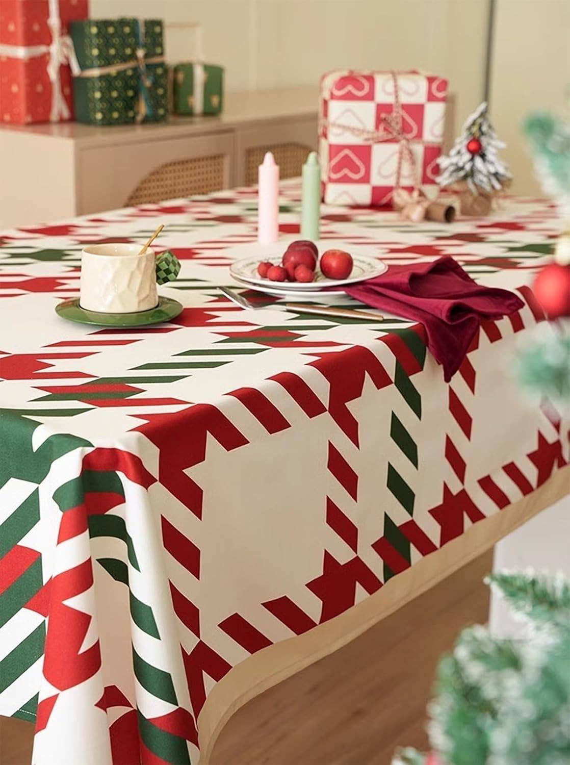 Fennco Styles - Wholesale Tablecloth - Classic Plaid Holiday Tablecloth with Pom-Poms5