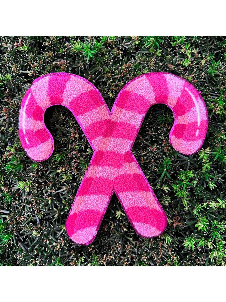 Preppy Pink Candy Cane Christmas Chenille Patch for wholesale by ABLNco