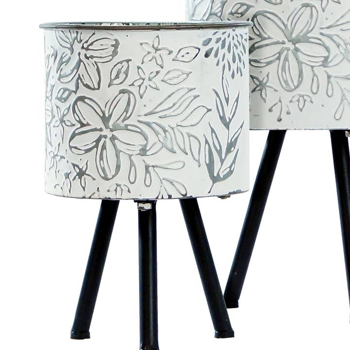VIP Home & Garden - Wholesale Plant Pot - Metal Embossed Floral Design Planters S/2 15In/12In