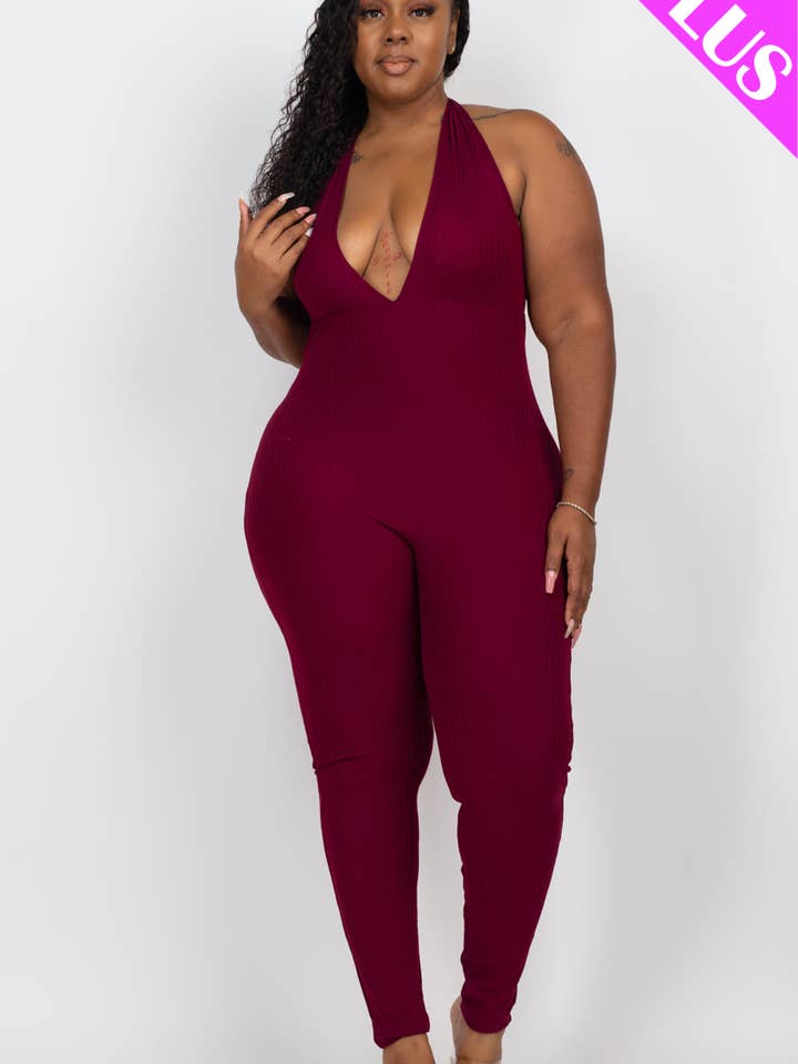 CAPELLA APPAREL - Wholesale Jumpsuit - Women's - Plus Size Halter V Neck Ribbed Bodycon Jumpsuit10