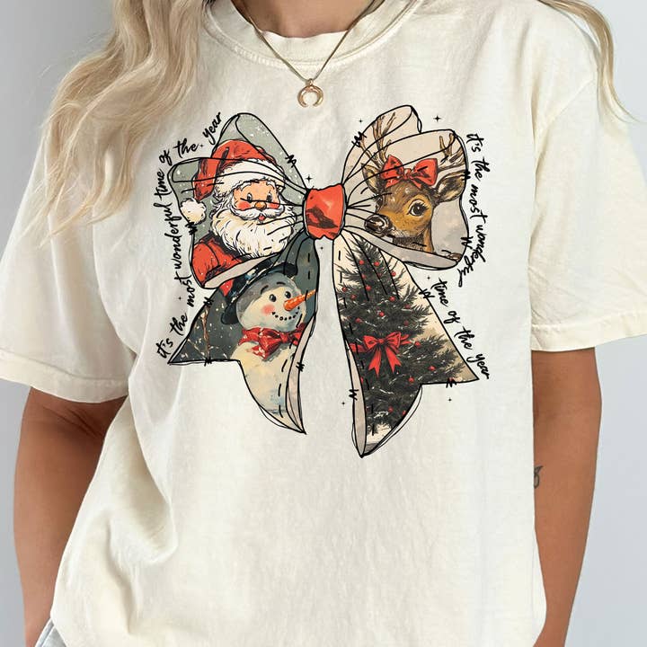 Vintage Christmas Bow Comfort Colors Tee for wholesale by Kissed Apparel