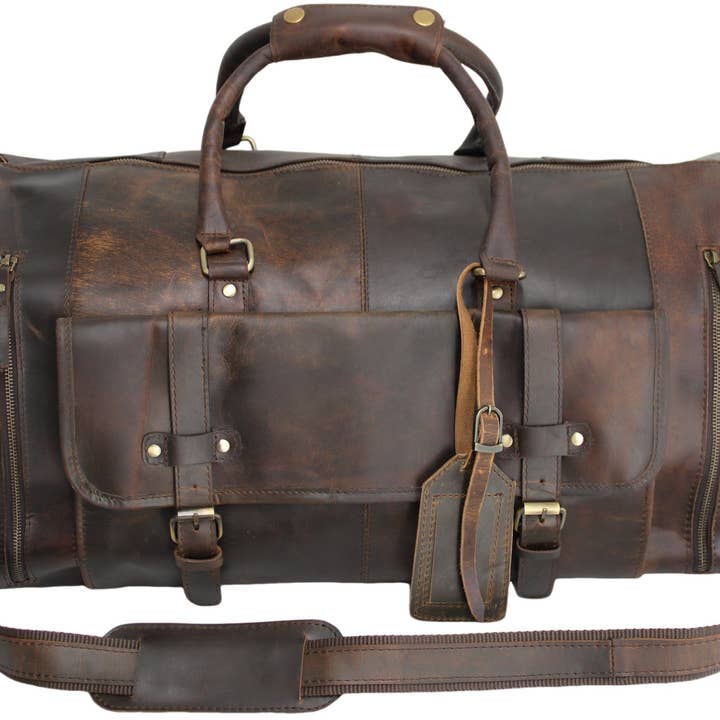 hide & chic - Wholesale Weekender bag – Unisex - Quality Full Grain Genuine Leather Travel Bag with Adjustable Shoulder Strap. FREE Leather Apple Air-tag Holder.8