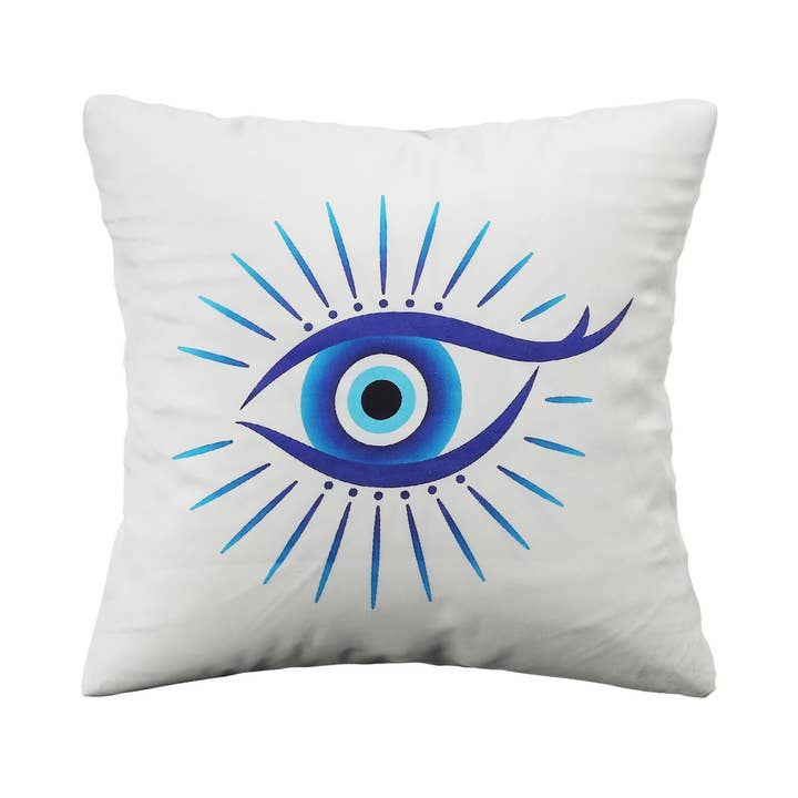 Housse de Coussin en Daim Velours Blanc avec Œil Mauvais Bleu #7 pour la vente par Vrinda