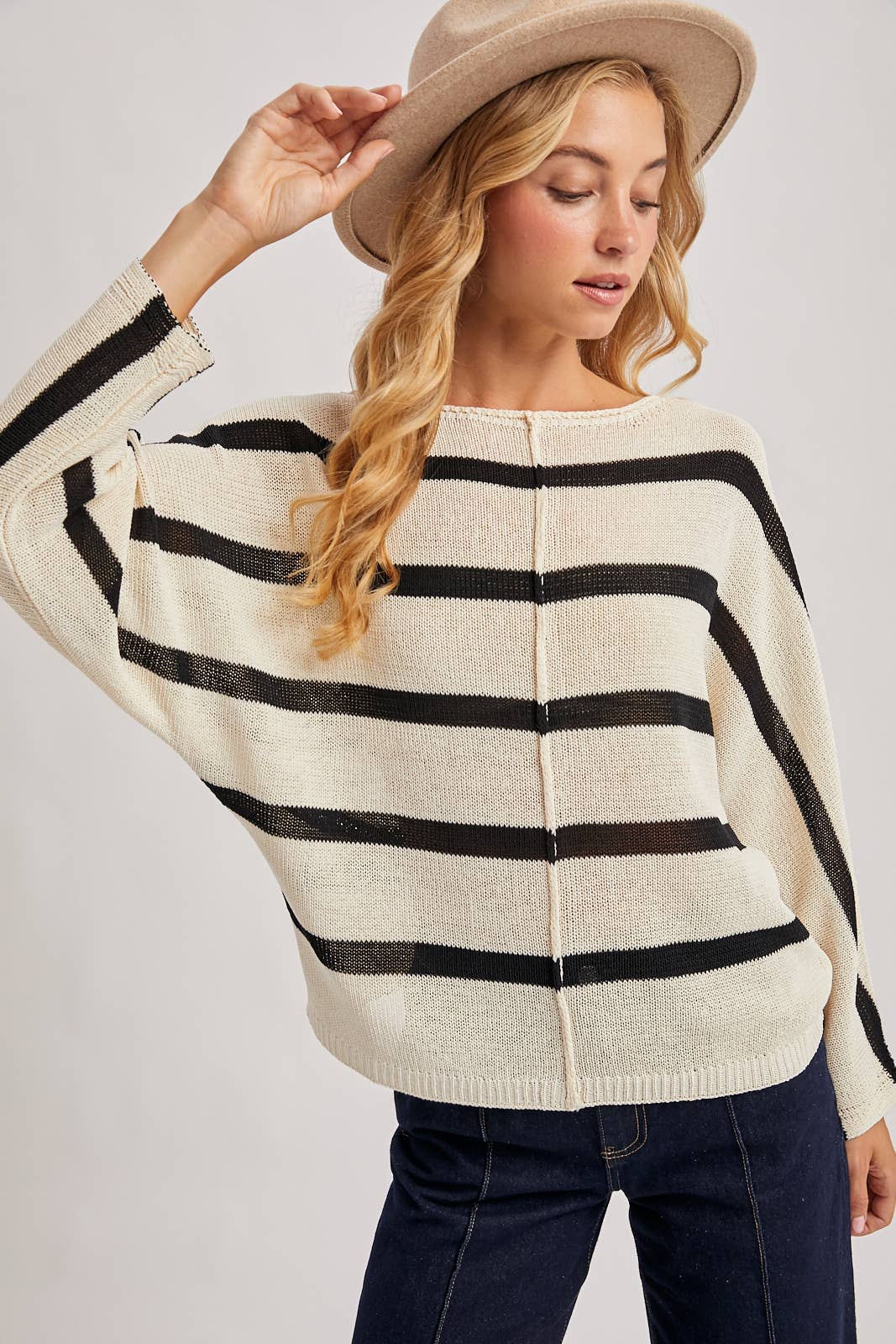 Bluivy - Wholesale Knit Sweater - Women's - SHEER STRIPED OVERSIZE KNIT PULLOVER