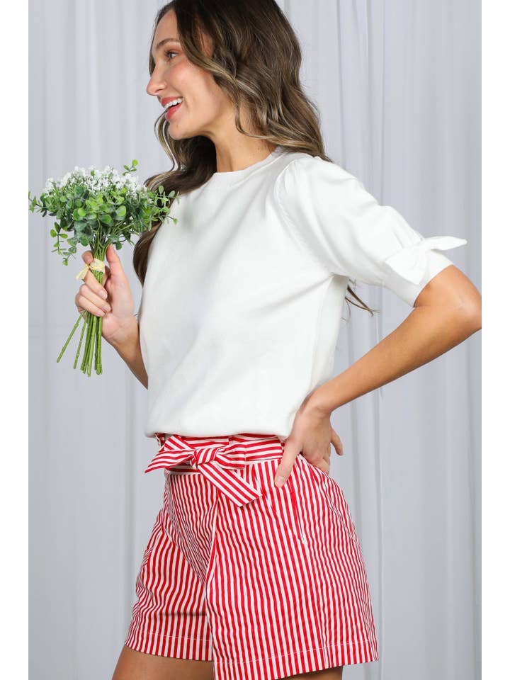 Vine & Love - Vente Haut en maille – femme - Haut en tricot à col rond avec manches bouffantes et nœud décoratif VT826709