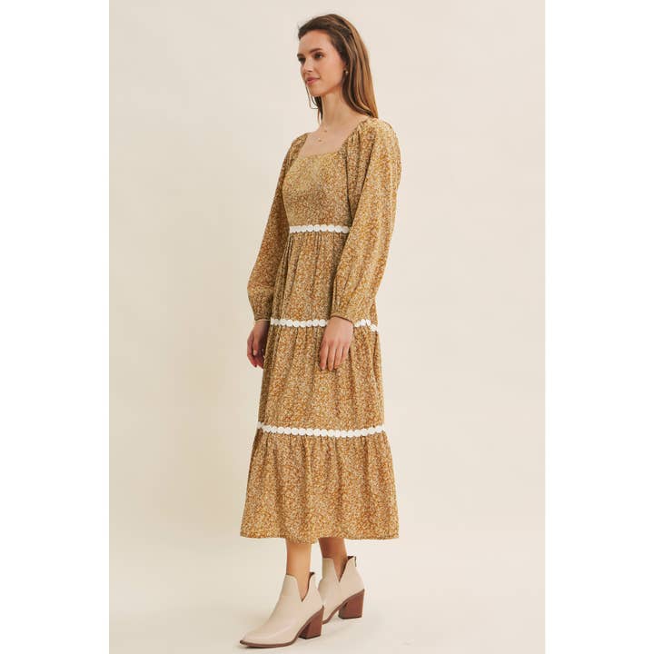 in february - Wholesale Dress - Women's - FLORAL TIERED MIDI SMOCKED DRESS WITH ROUND TRIM