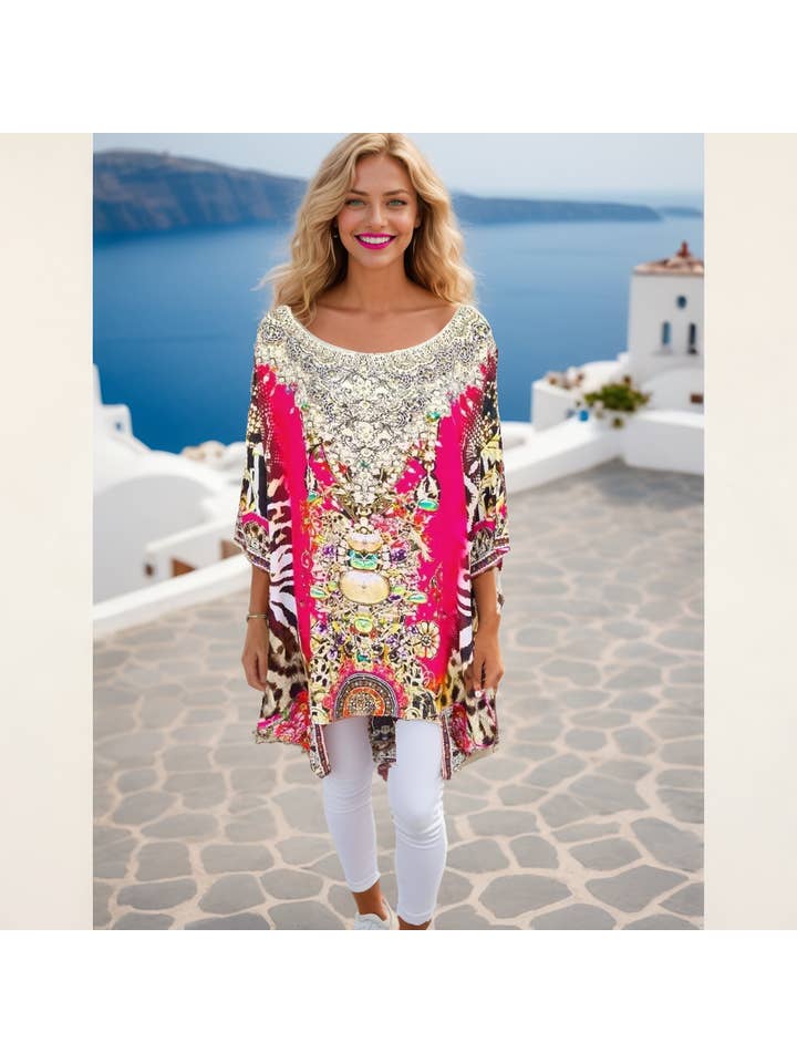 Kaftans that Bling - Wholesale Kaftan – Women's - Garden Delight red Batwing Silk Embellished Hi-low Kaftan/Top3