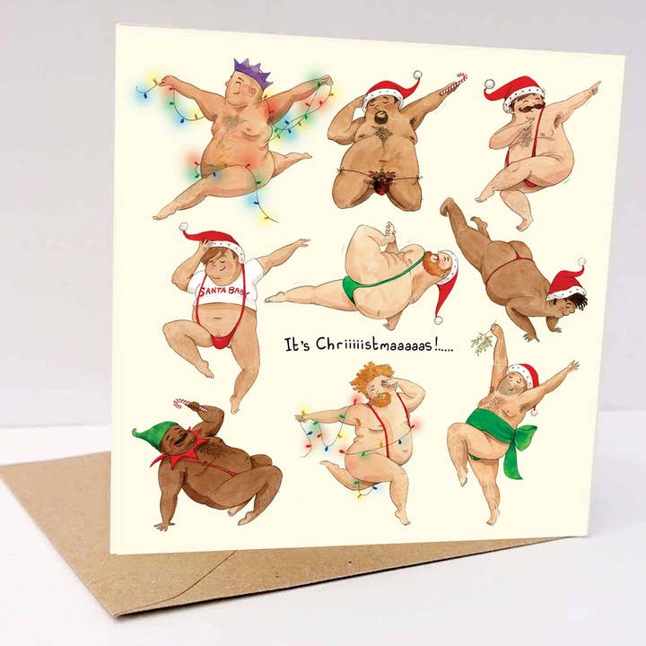 Christmas chubby dancing men, "It's Christmas" greeting for wholesale by Hes Designs