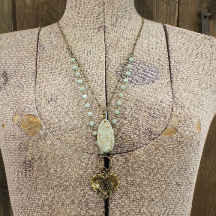 The Primitive Peddler, Inc. - Wholesale Pendant/Charm Necklace - Double Layered Stone & Bronze Heart Drop Necklace