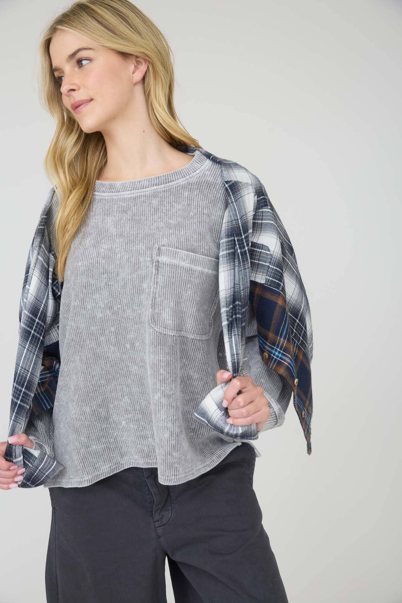 J.O.A - Vente Haut en maille – femme - Haut en maille côtelée à manches longues avec détail de poche délavée16