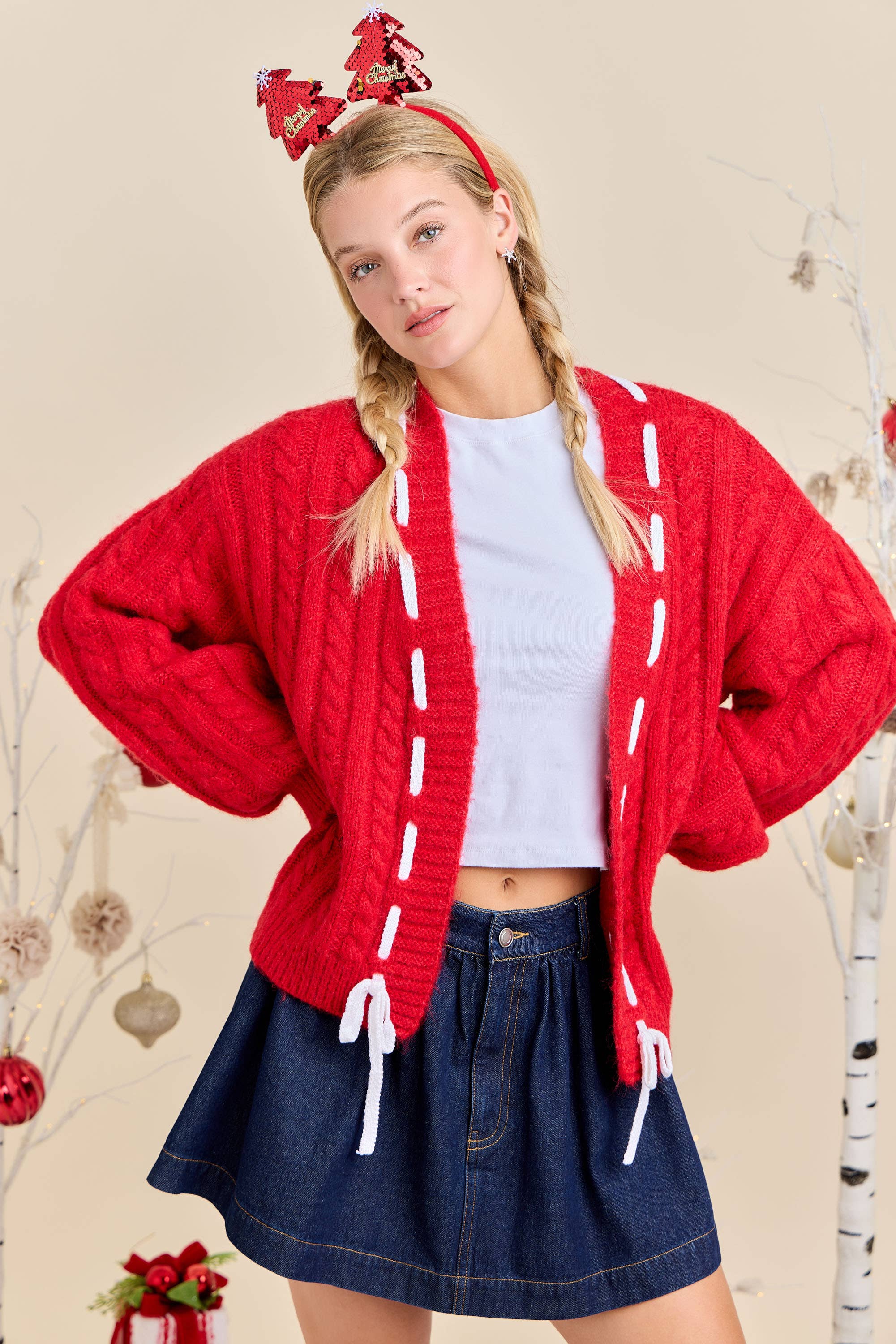 Main Strip - Vente Cardigan – femme - Cardigan en maille torsadée avec ruban de fête – Prêt à expédier en superposition13