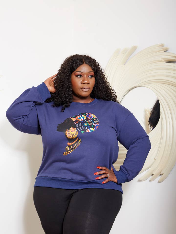 Navy Blue African Queen Headwrap Imprint Sweatshirt - Amari for wholesale by CUMO London