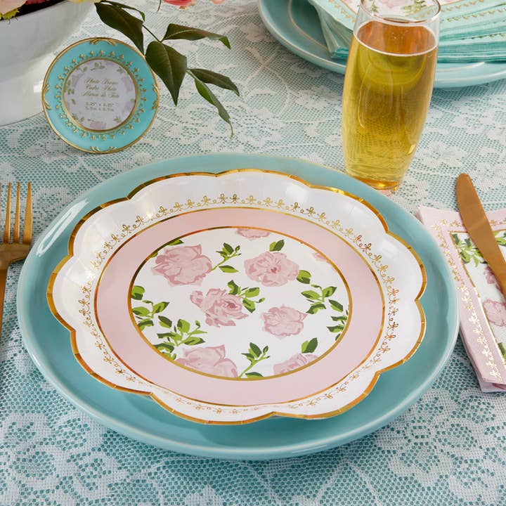 Kate Aspen - Wholesale Disposable Plate - Pink Tea Time Whimsy 9 in. Premium Paper Plates (Set of 16)