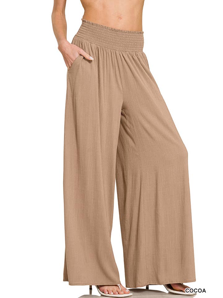 42POPS - Wholesale Pants - Women's - Smocked Waistband Wide Leg Pants w/ Pockets2