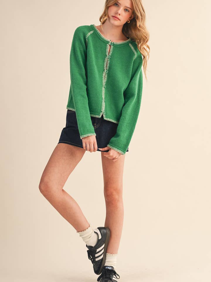 &MERCI - Wholesale Cardigan - Women's - CONTRAST BLANKET STITCH SWEATER CARDIGAN MSW1119662