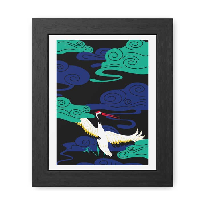 Japanese Garden 3 - Elegant Framed Poster - Majestic Crane with Colorful Clouds for wholesale by Donkey Laserbeam