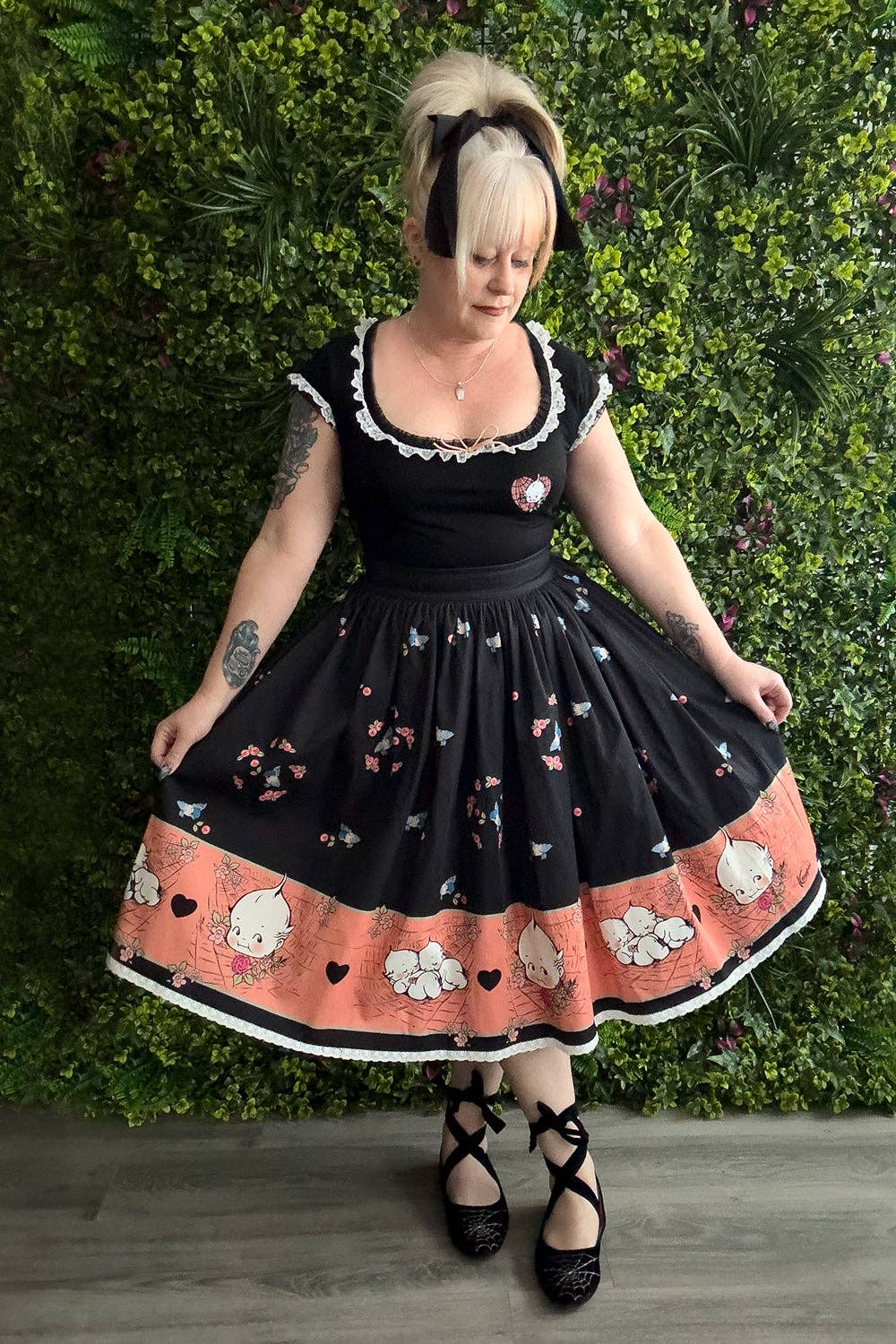 The Oblong Box Shop™ - Wholesale Skirt - Women's - Kewpie® Spiderweb Love Novelty Print Gathered Skirt6