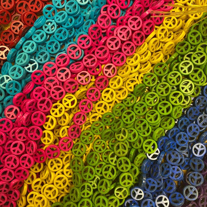 The Bead Bazaar - Wholesale Beads - 26 Colorful Peace Sign Beads, Bright Peace Sign Accent Beads, Teal Peace Sign Spacer Beads, Kids DIY Jewelry, Blue Peace Sign Bead For Beading