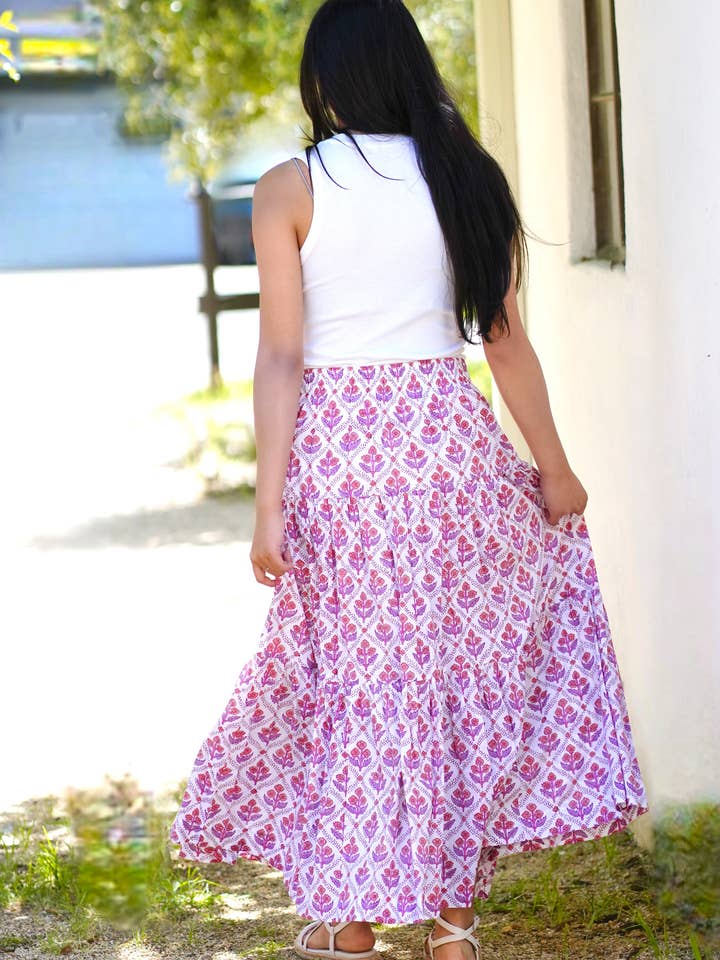 Block Printed Tiered Cotton Skirt- Purple White for wholesale on Faire