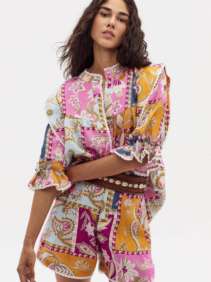 Folk Linen Shirt - Calypso Print for wholesale by Lanhtropy