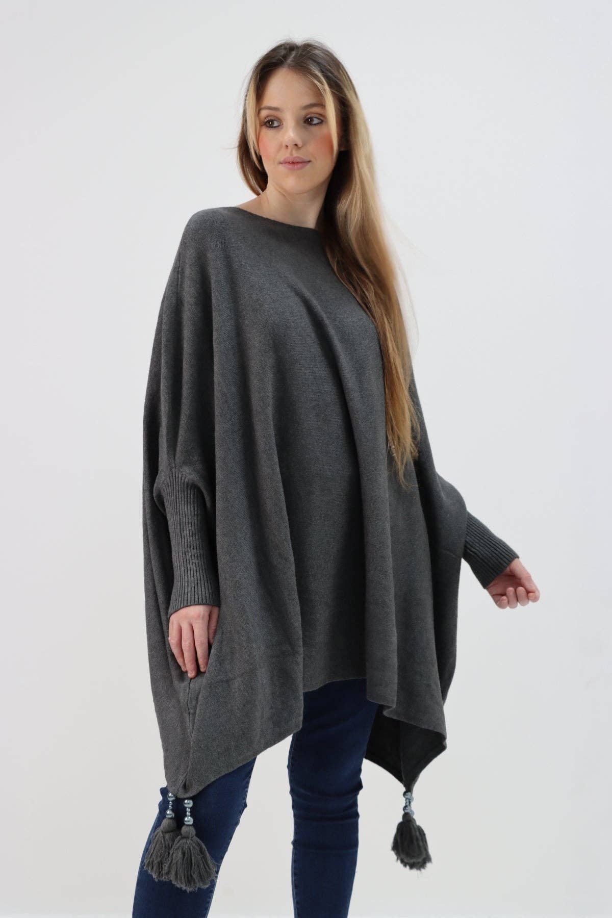 Miss Bold - Wholesale Poncho - Women's - Italian Plain Batwing Sleeves Tassels Tunic Poncho11