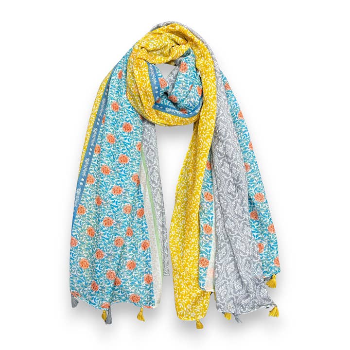 Lili Scarves - Wholesale Scarf - Women's - Vibrant Multicolor Floral Patchwork Tassels Scarf