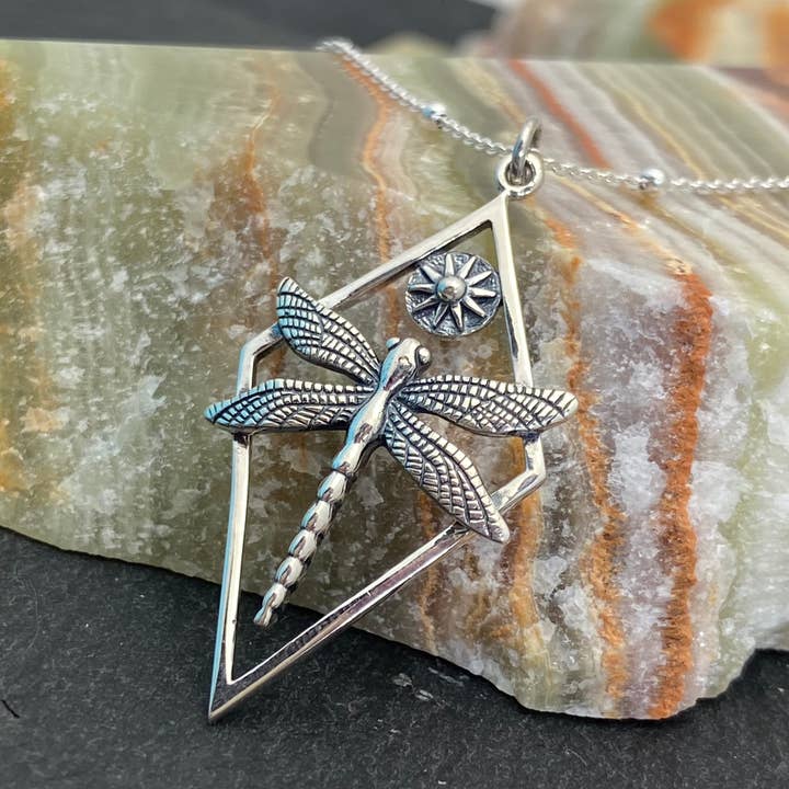 Silver Dragonfly With Star In Diamond Shape Necklace for wholesale by Elizabeth Jewelry