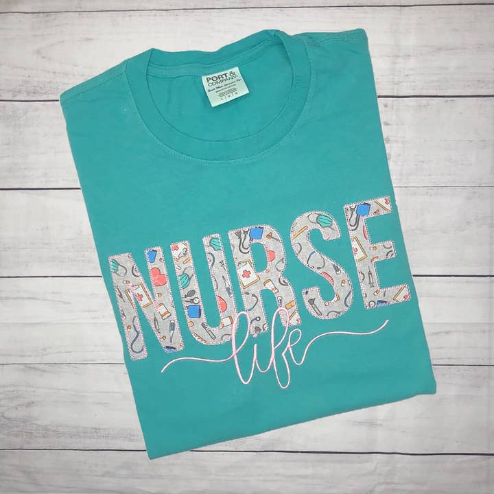 Nurse Life Applique Short Sleeve TShirt for wholesale by Handmade Pieces Company LLC