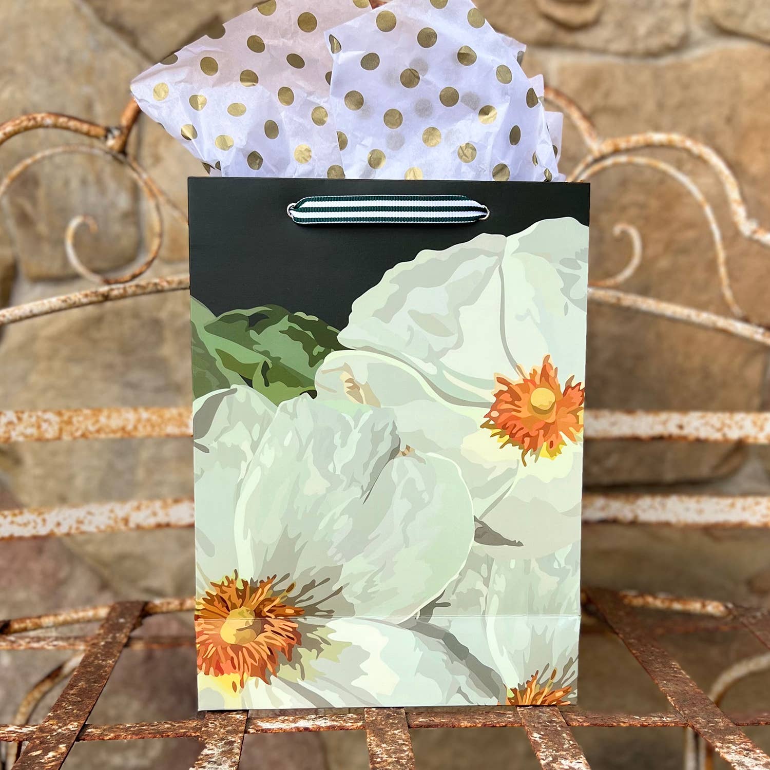 The Red Barn Press - Wholesale Gift Bag - LARGE Floral Gift Bag | White rockroses on very dark green4