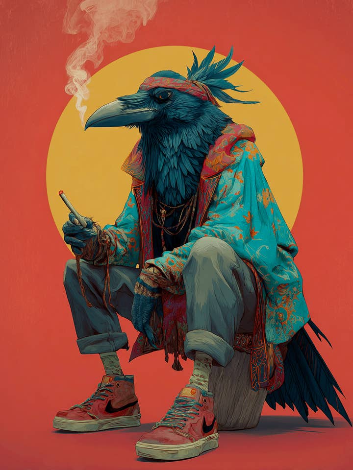 Beatnik Raven - Hippie Animals Art Print - 8"x10" Artwork for wholesale by Mowbi