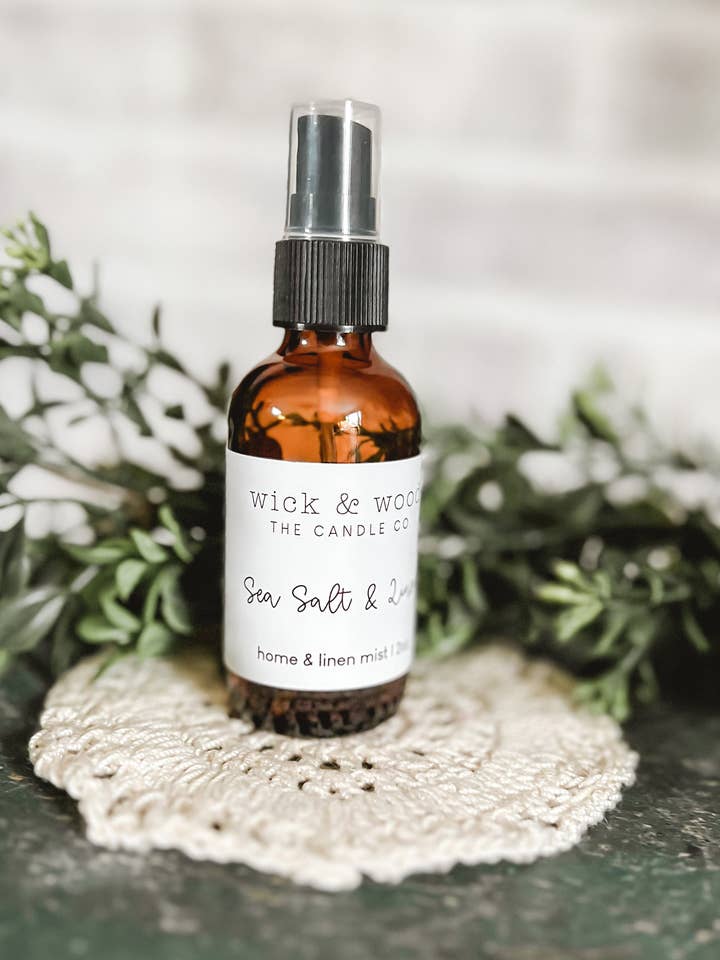 Sea Salt & Linen Home + Linen Mist Room Spray Amber Bottle for wholesale by Wick & Wood The Candle Co