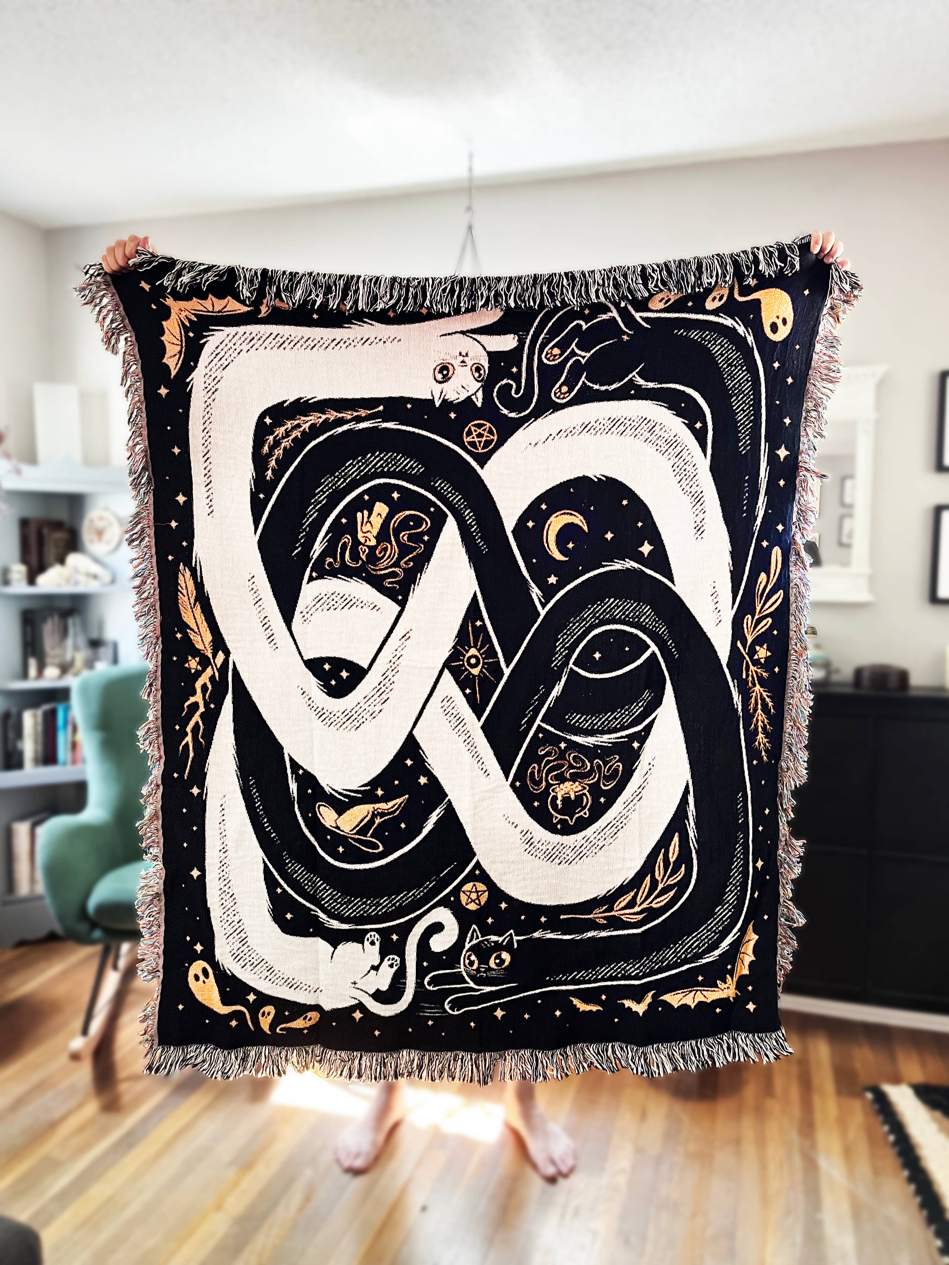 Elissa Marie Creative - Wholesale Throw Blanket - OuroPURRos Woven Throw Blanket | witchy | cats | occult2