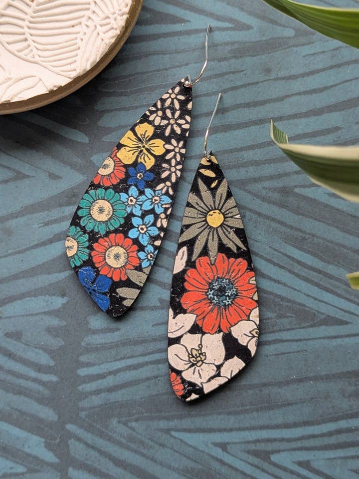 Sixties Floral Cork Earrings - Large Wing for wholesale by Hello Lovely Cork Co.