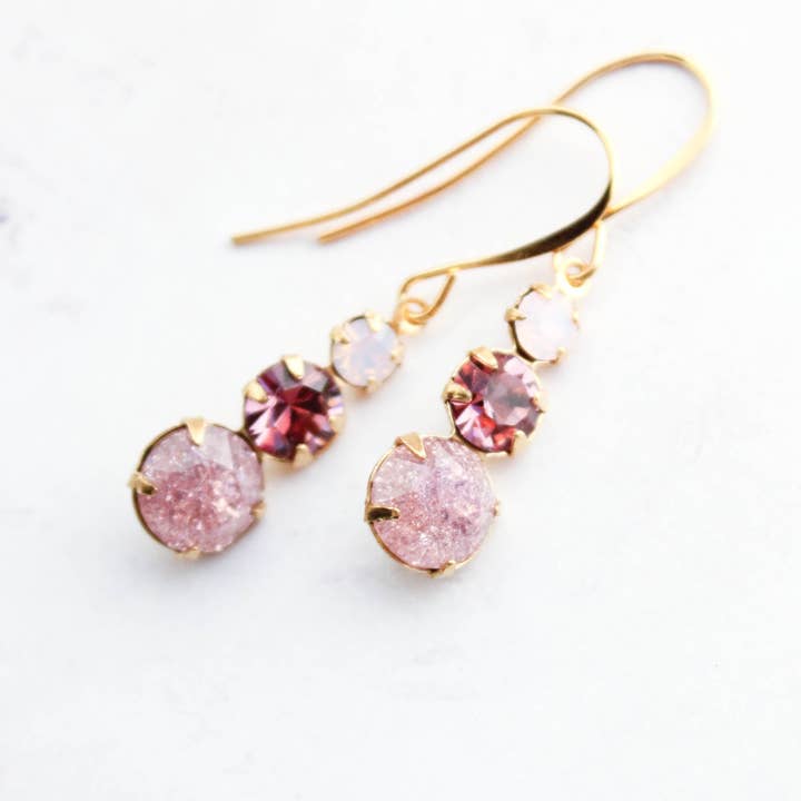 A Pocket of Posies - Wholesale Dangle Earrings - Vintage Glass Earrings - Three Jewel - Dusty Rose Plum