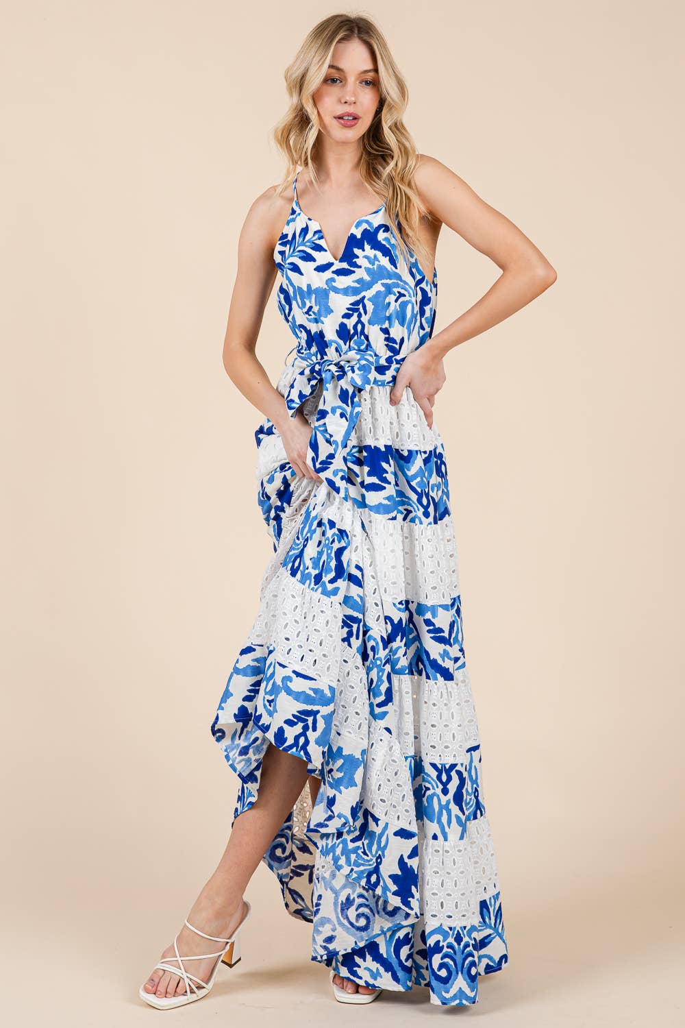 Blue Multi Floral Eyelet Lace Tiered Maxi Sundress, MD51624 for wholesale on Faire5