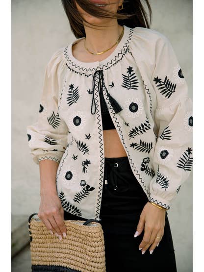 miglo - Wholesale Jacket - Women's - black embroidered linen bohemian jacket
