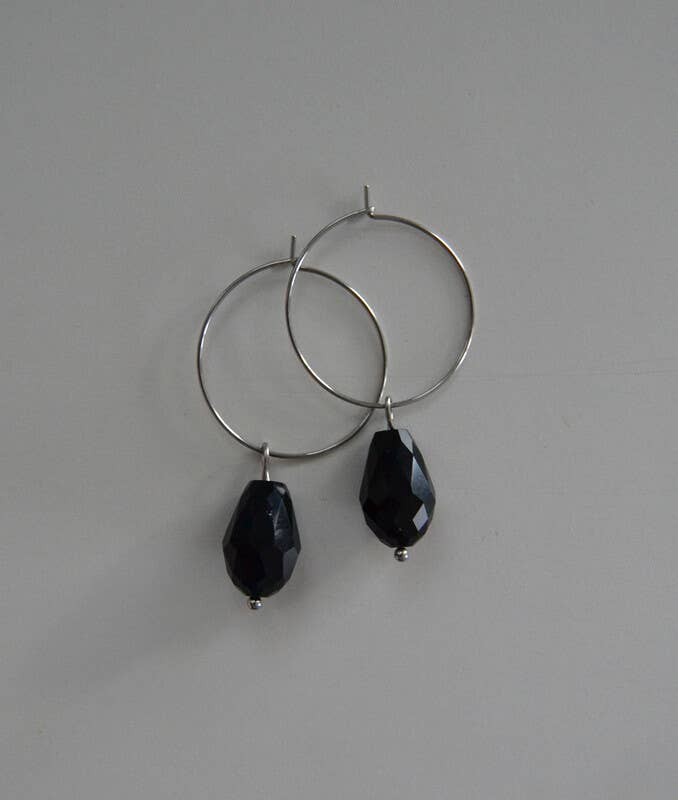 Jewelry By Elina Dahl - Wholesale Dangle Earrings - Earring Hoop Drop, large drop of black glass.0