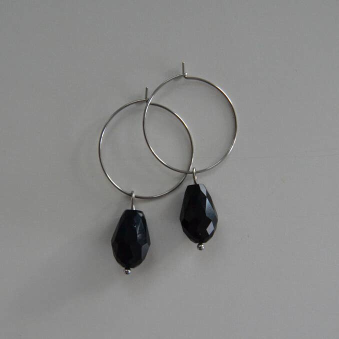 Jewelry By Elina Dahl - Wholesale Dangle Earrings - Earring Hoop Drop, large drop of black glass.