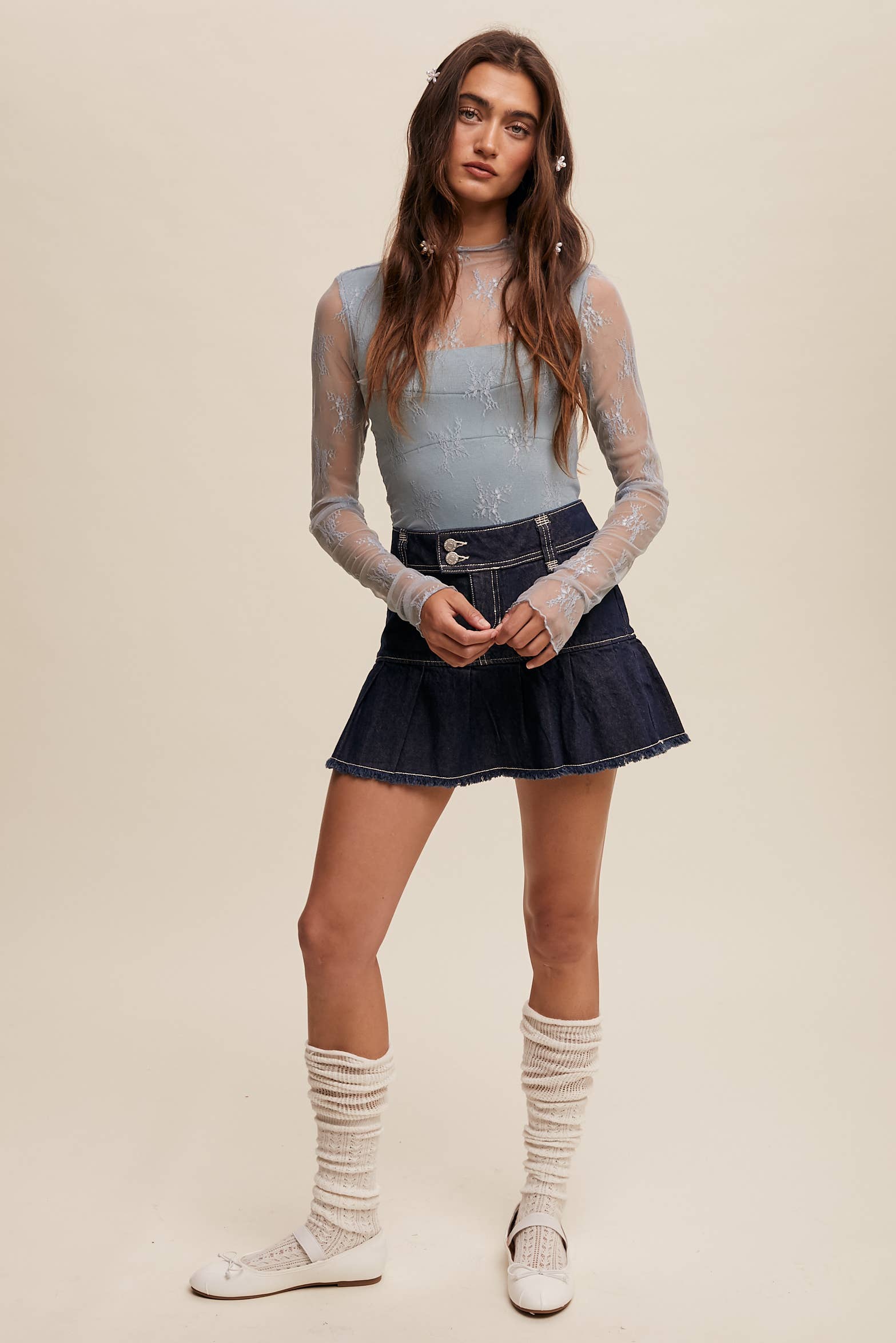 Listicle - Wholesale Blouse - Women's - Sheer Lace Long-Sleeve Top110