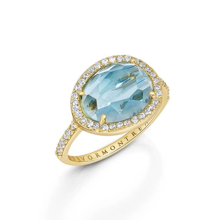 Table Cut Sky Blue Topaz Halo Ring for wholesale by Fervor Montréal