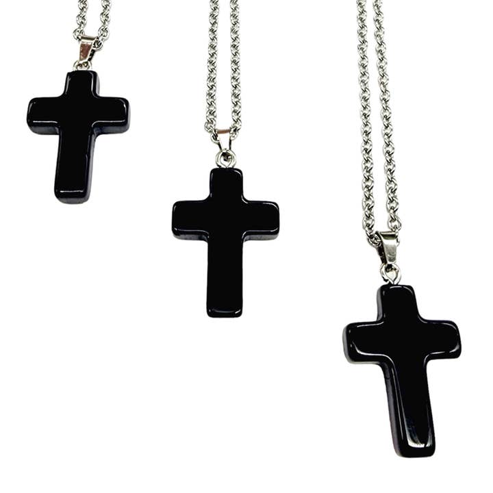 Gemstone Cross Necklace - Obsidian for wholesale by MergingMetals