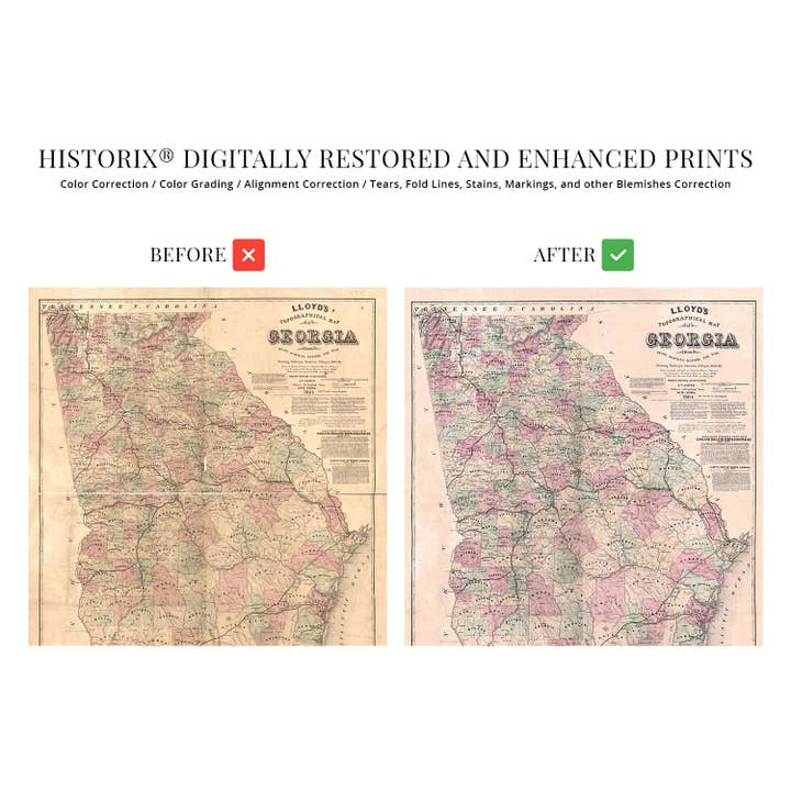 Historic Prints - Wholesale Poster - 1864 Map of Georgia Poster - Vintage Map of Georgia Wall Art - Vintage Georgia Map Showing Counties, Railways, Stations, Villages, Mills - Georgia State Wall Map