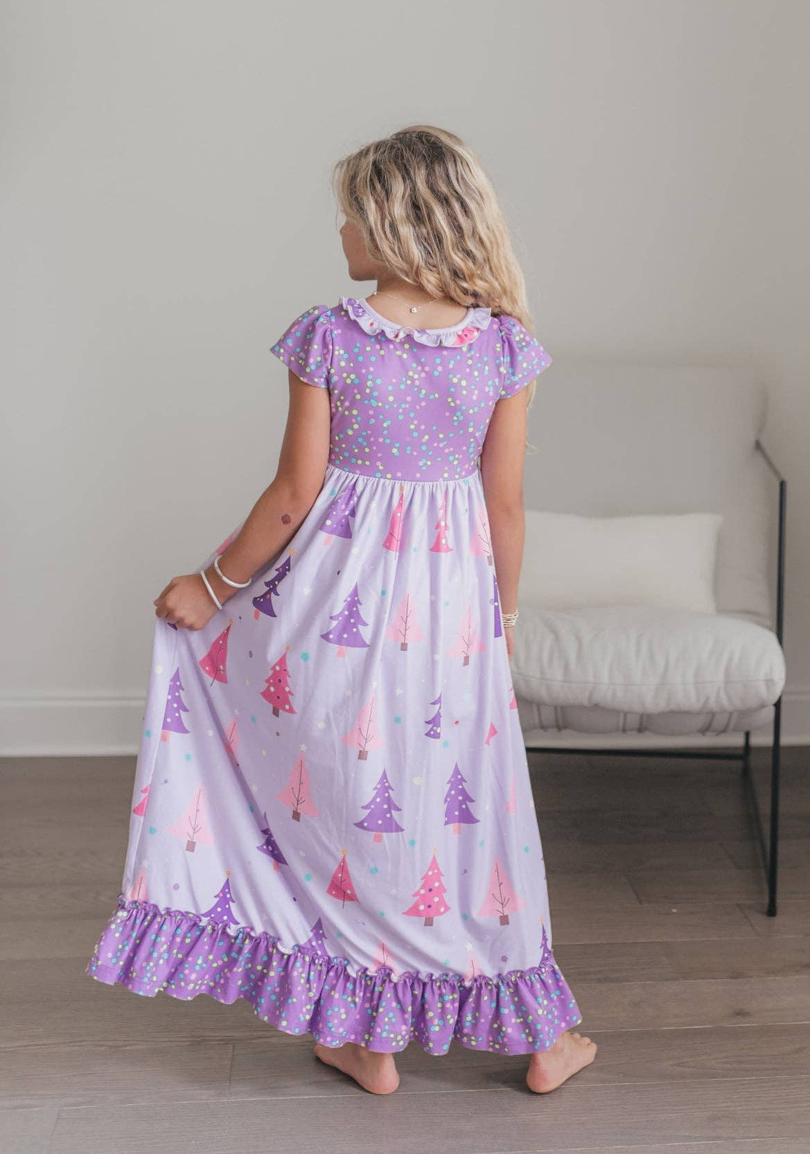 Oopsie Daisy - Wholesale Nightdress - Kids - Girls Purple Christmas Tree Holiday Ruffle Lounge Play Gown4