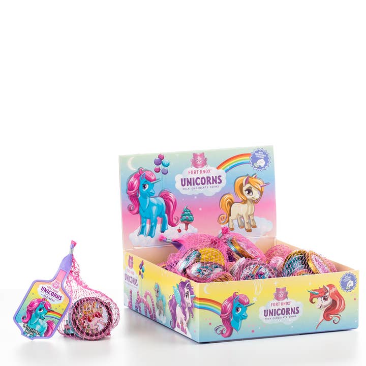 Fort Knox Chocolate Unicorn Coins, 1.47oz Mesh Bag, 18ct for wholesale by Grandpa Joe's Candy Shop