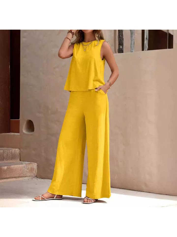 Sweetkama - Wholesale Top & Pant Set (NOT Loungewear) - Women's - Ladies Solid Color Sleeveless Vest and Pants Sets AXR3664