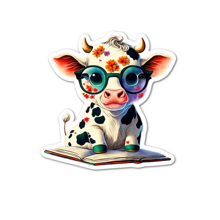 Cow With Glasses Reading Sticker for wholesale by Lyrical River Designs