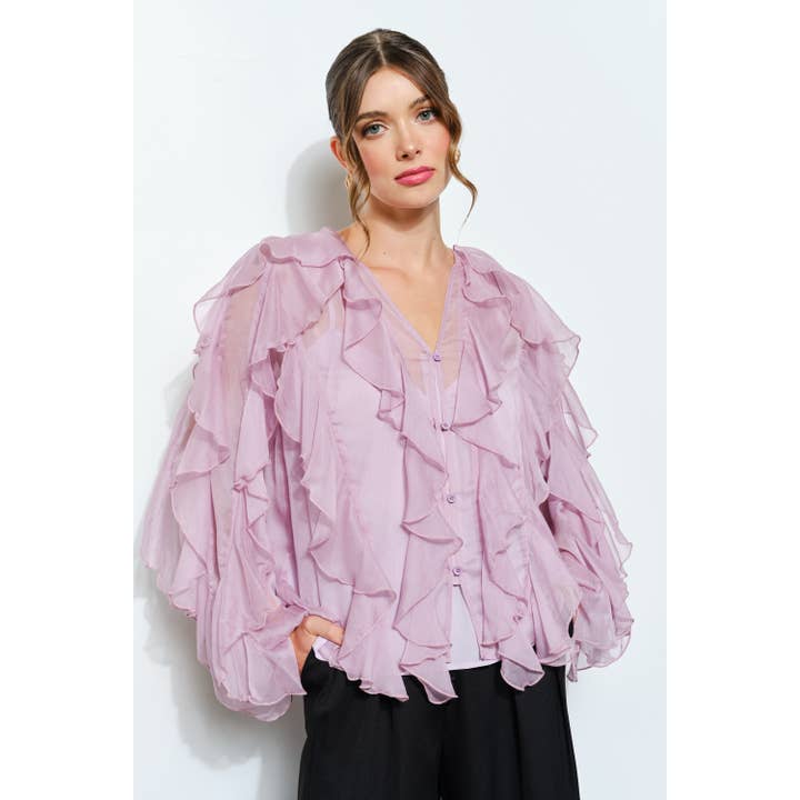 Layered Ruffle Sheer Chiffon Button-Up Blouse for wholesale by INA