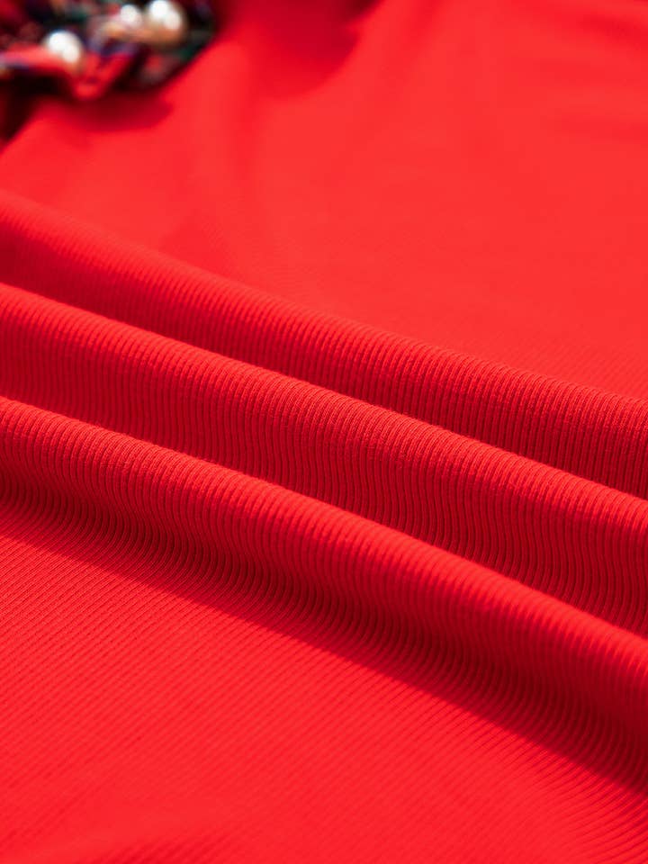 FASHION BLVD - Wholesale Blouse - Women's - FB Plaid Patchwork Pearl Beaded Ruffle Sleeve T-Shirt8