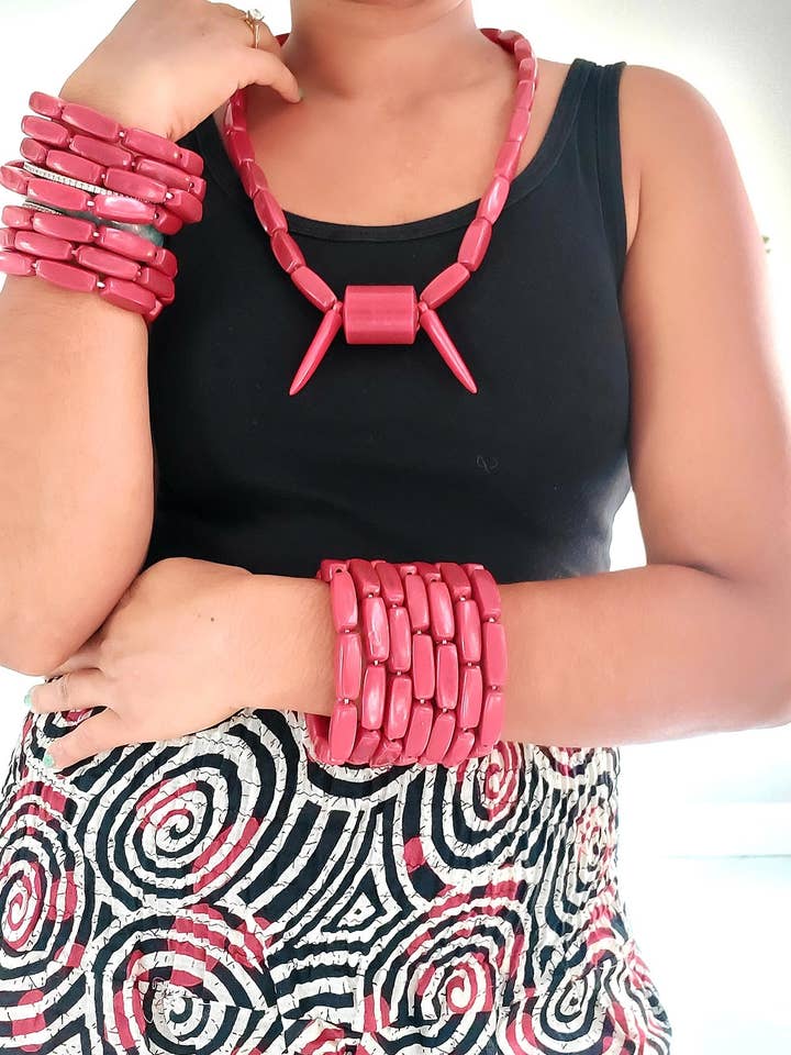 Coral Igbo Bead Necklace & Bracelet Set for wholesale by India Batik