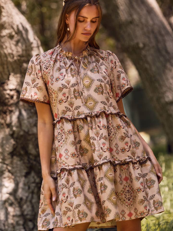 Vestido Baby Doll Mini Cansado com Estampa Asteca por atacado de Oddi